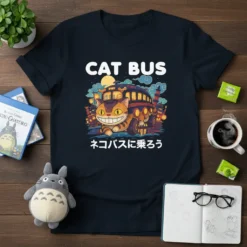 Cat Busネコバスに乗ろう anime t-shirt featuring the iconic Cat Bus character and Japanese text, set against a vibrant night scene
