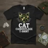 Black t-shirt featuring a cat face with camouflage pattern and the text "CAT CAMOUFLAGE T-SHIRT" in white