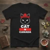 Black t-shirt with "CAT CANADA" design, featuring a white cat head with a red maple leaf crown and a red