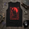 Black tank top with a Cat Castle Moon Magic mystical design featuring a black cat and castle silhouette