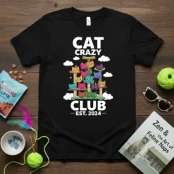 Black t-shirt with "CAT CRAZY CLUB EST 2024" text and a colorful graphic of cats on a cat tree