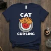 Cat Curling T-Shirt featuring the words CAT and CURLING with a sleeping tabby cat on a curling stone graphic