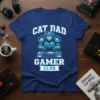 Cat Dad Gamer Club T-Shirt featuring a blue robotic cat playing video games with a keyboard and console