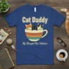Cat Daddy My Therapist Has Whiskers T-Shirt featuring three cats in a coffee cup with retro stripes