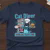 Cat Diner Come On Feast Time T-Shirt design featuring a chef cat holding a burger and a mouse saying "I