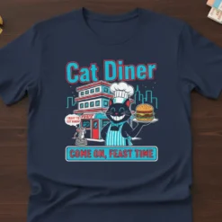 Cat Diner Come On Feast Time T-Shirt design featuring a chef cat holding a burger and a mouse saying "I