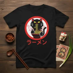 ラーメン cat eating ramen creative graphic design printed on comfortable cotton t-shirt