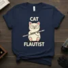 Cat Flautist T-Shirt with a cute cartoon cat playing a flute, text reads "CAT FLAUTIST"