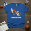 Cat Got Game t-shirt design with a tabby cat dunking a basketball on a royal blue tee