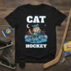 Black t-shirt with "CAT HOCKEY" text and a cartoon cat playing hockey