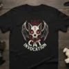 Black t-shirt with "CAT INVOCATION" text and a gothic bat-winged cat skull graphic with glowing red eyes