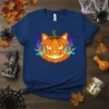 Cat Jack O Lantern Halloween T-Shirt featuring a grinning pumpkin with cat ears and glowing eyes, surrounded by colorful smoke