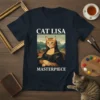 Cat Lisa Masterpiece t-shirt featuring a cat dressed as the Mona Lisa, with landscape background and bold text