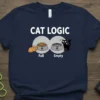 Cat Logic T-Shirt design showing a full food bowl with an orange cat and an empty food bowl with a