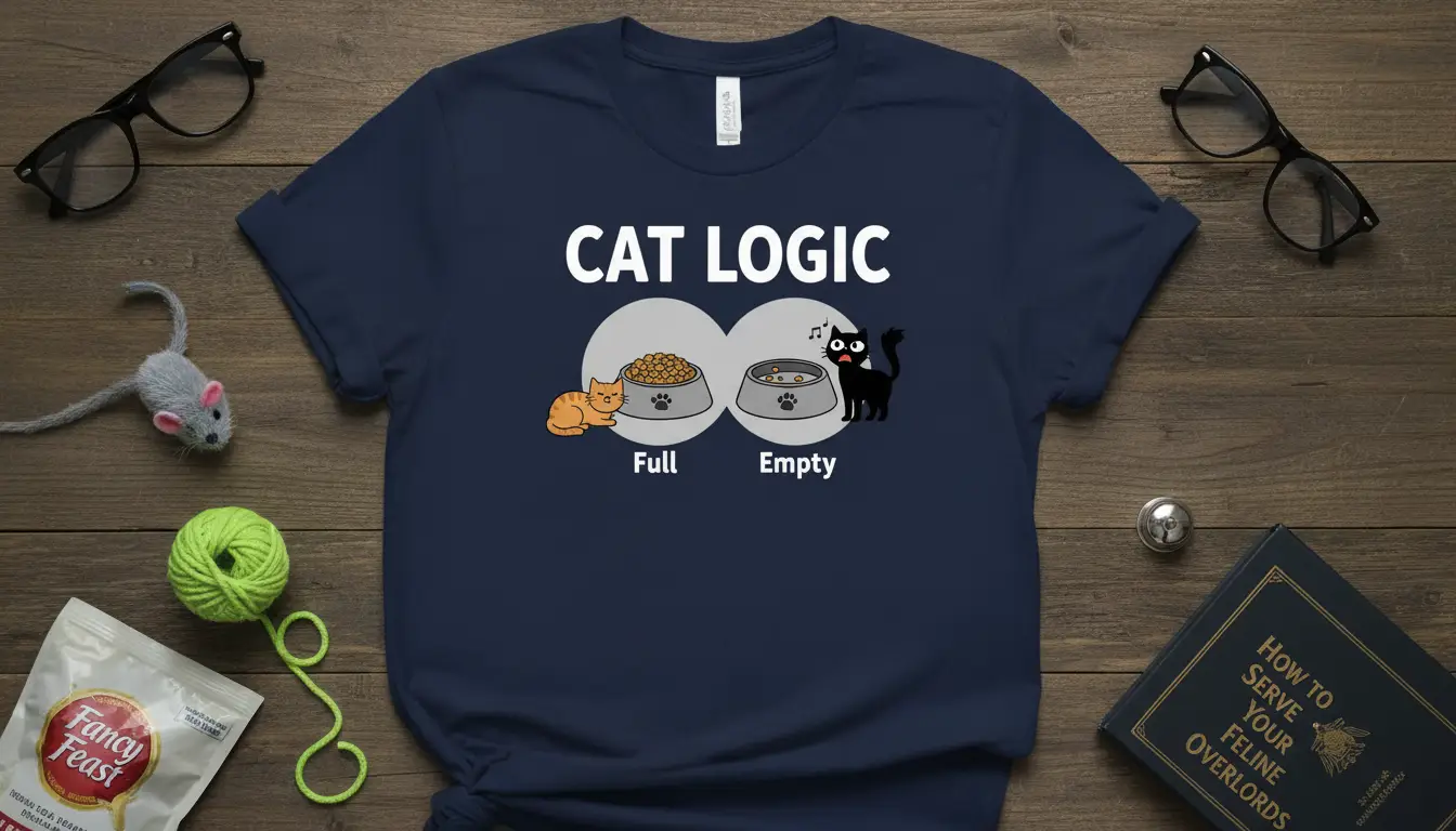 CAT LOGIC design featuring a full food bowl with an orange cat and an empty food bowl with a singing black cat
