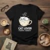 Cat Lover Coffee Addict t-shirt design featuring a white cat in a coffee cup with paw prints
