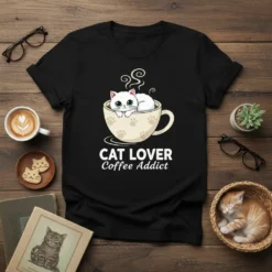 Cat Lover Coffee Addict t-shirt design featuring a white cat in a coffee cup with paw prints