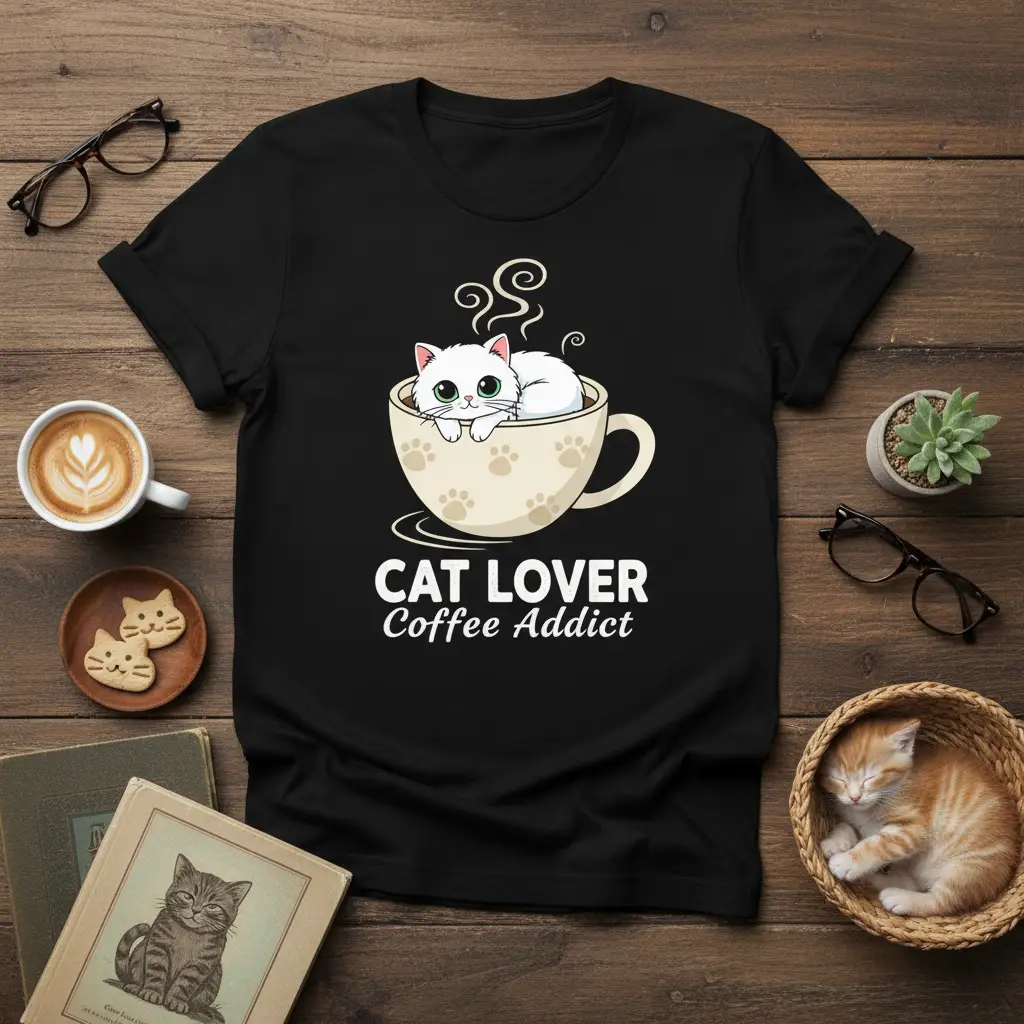 Cat Lover Coffee Addict T-Shirt Gift for Feline Fans