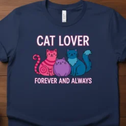 Cat Lover Forever And Always t-shirt design with three cartoon cats and text