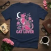 Geometric cat design with "CAT LOVER" text in pink, surrounded by roses and a crescent moon