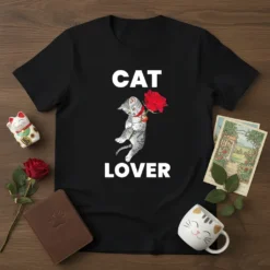 Black t-shirt with white text "CAT LOVER" and a graphic of a grey tabby kitten holding a red rose