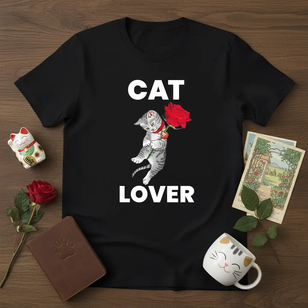 Cat Lover T-Shirt Cute Kitten With Rose Gift for Pet Owners
