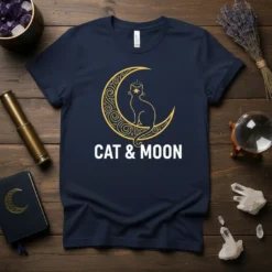 Navy t-shirt with gold CAT & MOON text and a stylized cat sitting on a crescent moon graphic