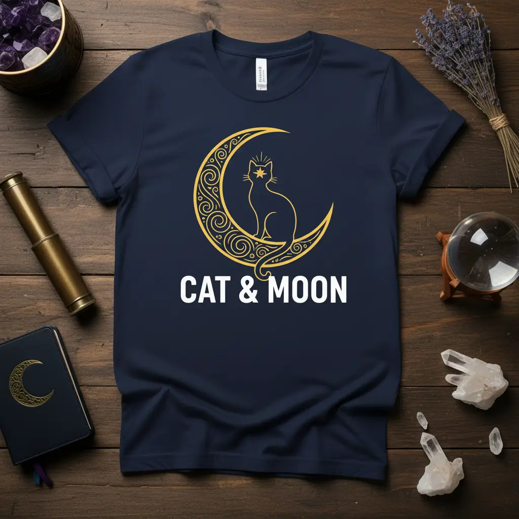 Gold CAT & MOON text with a mystical cat silhouette on a crescent moon graphic on a navy tee