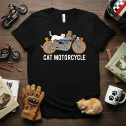 Black t-shirt with "CAT MOTORCYCLE" text and a cartoon illustration of cats riding a motorcycle