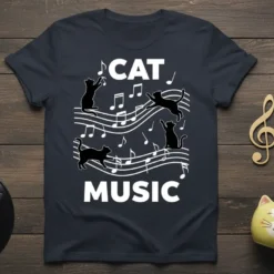 Cat Music t-shirt design featuring black cats dancing on musical notes and the words CAT MUSIC in bold white letters
