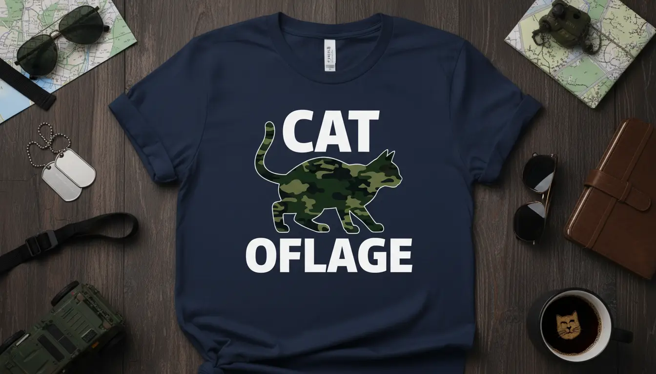 Cat Oflage text and camouflage cat graphic on a navy blue t-shirt