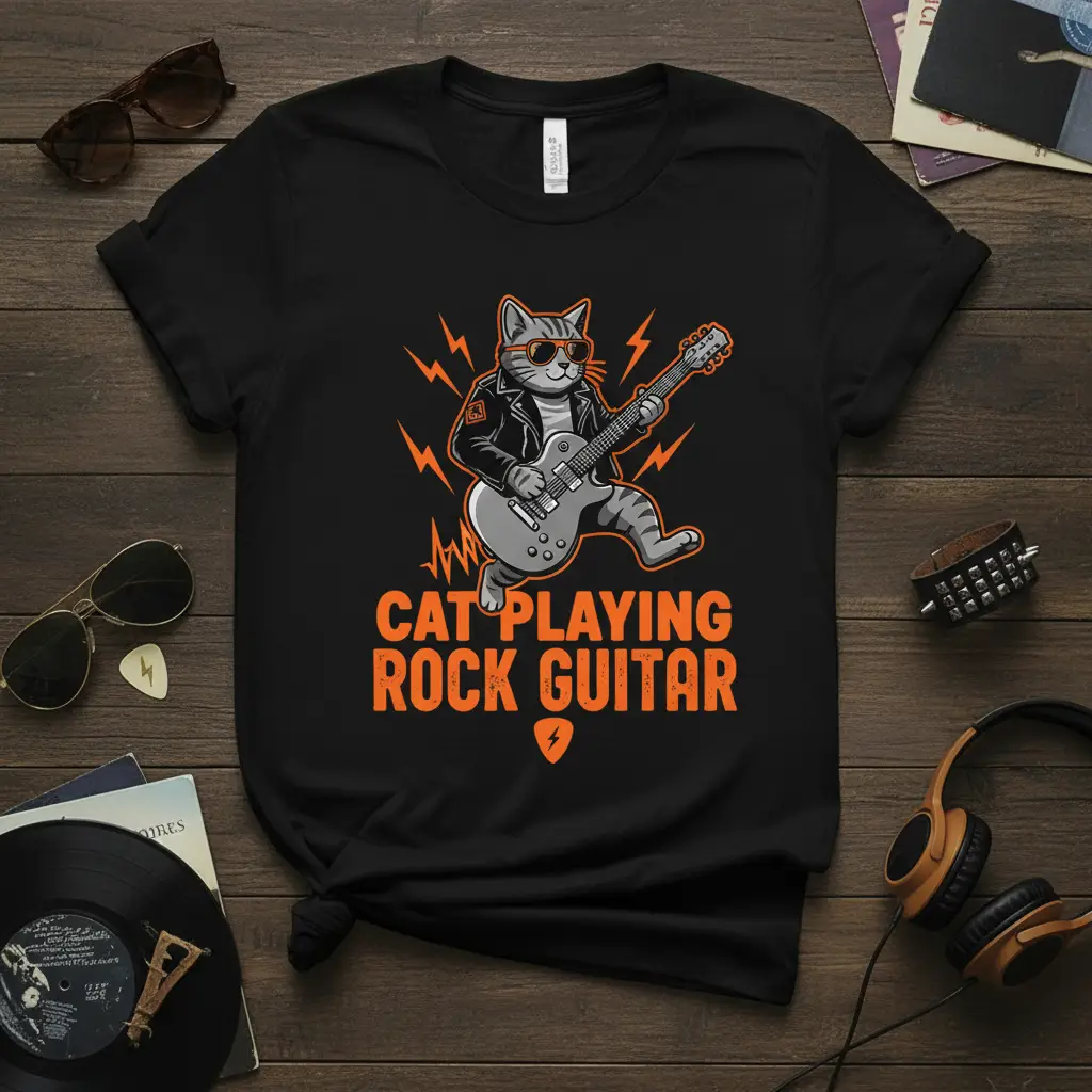 Cat Playing Rock Guitar T-Shirt Fun Music Lover Gift
