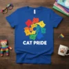 Blue t-shirt with "CAT PRIDE" text and a circular design of rainbow-colored cats