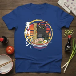 Black cat eating ramen with Japanese text "寿" on a blue t-shirt, set against a sunset graphic