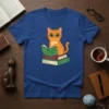Cute orange tabby cat wearing glasses reading a book while sitting on a stack of books, "Cat Reading Books" t-shirt