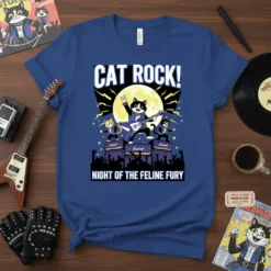 CAT ROCK! NIGHT OF THE FELINE FURY text with a cartoon cat band playing guitars on stage with Marshall amps