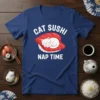 Cat Sushi Nap Time text with a cute white cat sleeping on a sushi roll graphic on a navy blue