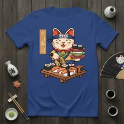 ネコ寿司 T-Shirt design with a kawaii cat chef serving sushi and Japanese text
