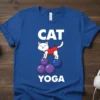 White cat in red tank top balancing on purple and blue yoga balls with "CAT YOGA" text
