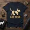 Cat yoga pose design with text CAT YOGA in gold, featuring a stylized woman merging with a tiger-striped cat