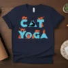 Navy t-shirt with "CAT YOGA" text and orange cat figures in yoga poses
