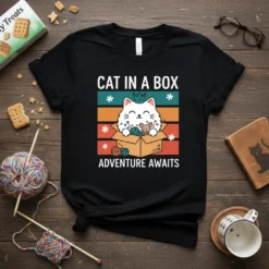 Cat in a box adventure awaits text and graphic featuring a cute cat and mouse playing with yarn