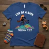 Cat On A Bike Freedom Flies creative graphic design printed on comfortable cotton t-shirt