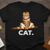 Black t-shirt with white text "CAT." and a graphic of a sitting orange tabby cat