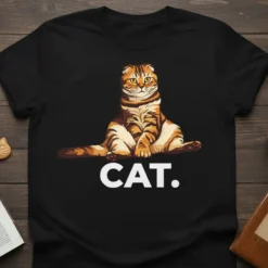 Black t-shirt with white text "CAT." and a graphic of a sitting orange tabby cat