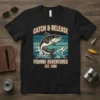 Catch & Release Fishing Adventures Est. 1980 t-shirt design featuring a jumping catfish graphic and retro text