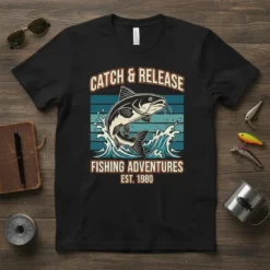 Catch & Release Fishing Adventures Est. 1980 t-shirt design featuring a jumping catfish graphic and retro text