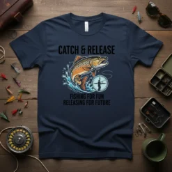 Catch & Release fishing t-shirt with a jumping trout graphic and text "Fishing For Fun Releasing For Future"