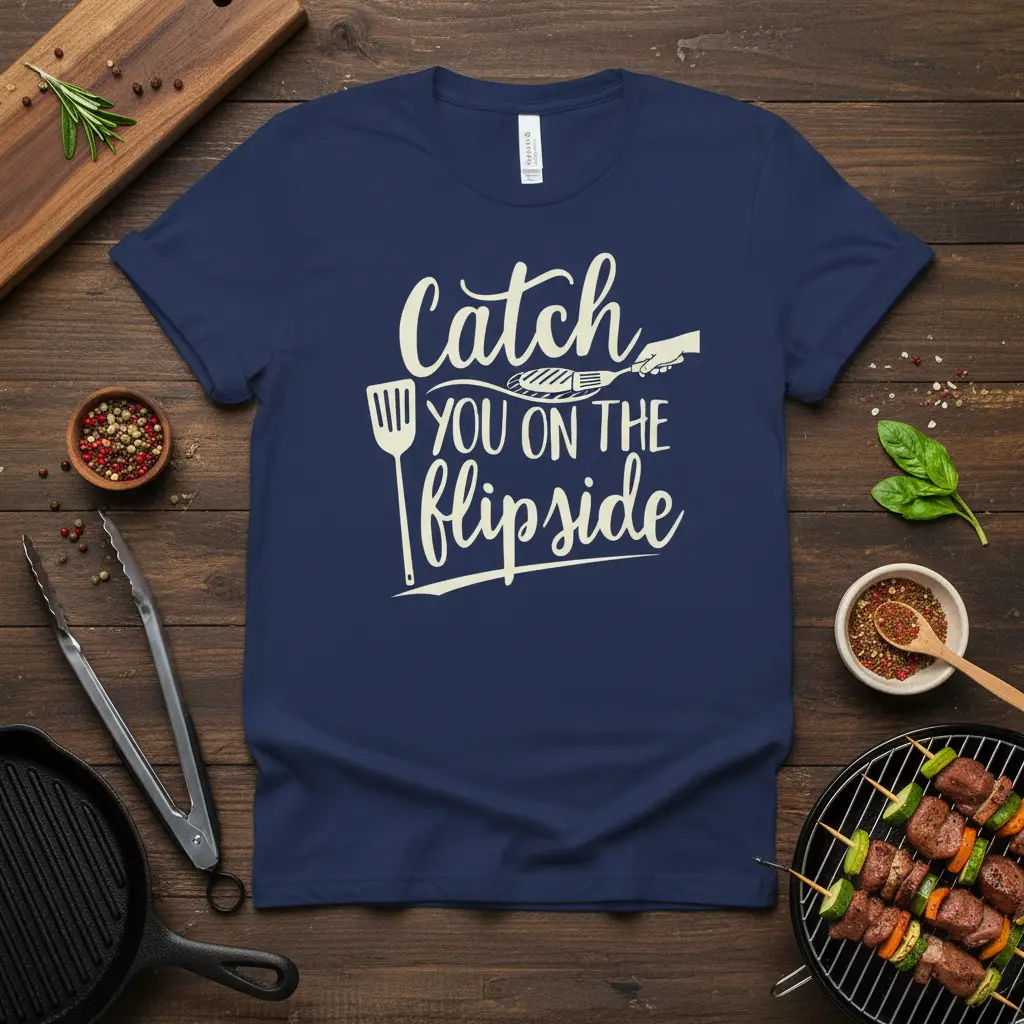 Catch You On The Flipside quote featuring grill spatula and fork with steak graphic on a navy blue t-shirt