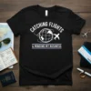 Catching Flights & Minding My Business quote on a black t-shirt with a globe and airplane graphic
